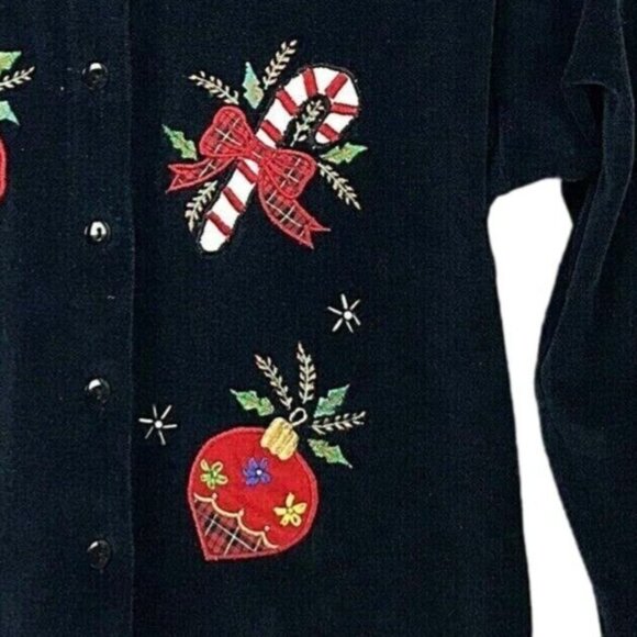 Victoria Jones Christmas Cardigan Sweater Black Velour Applique Holiday Medium - Picture 6 of 10